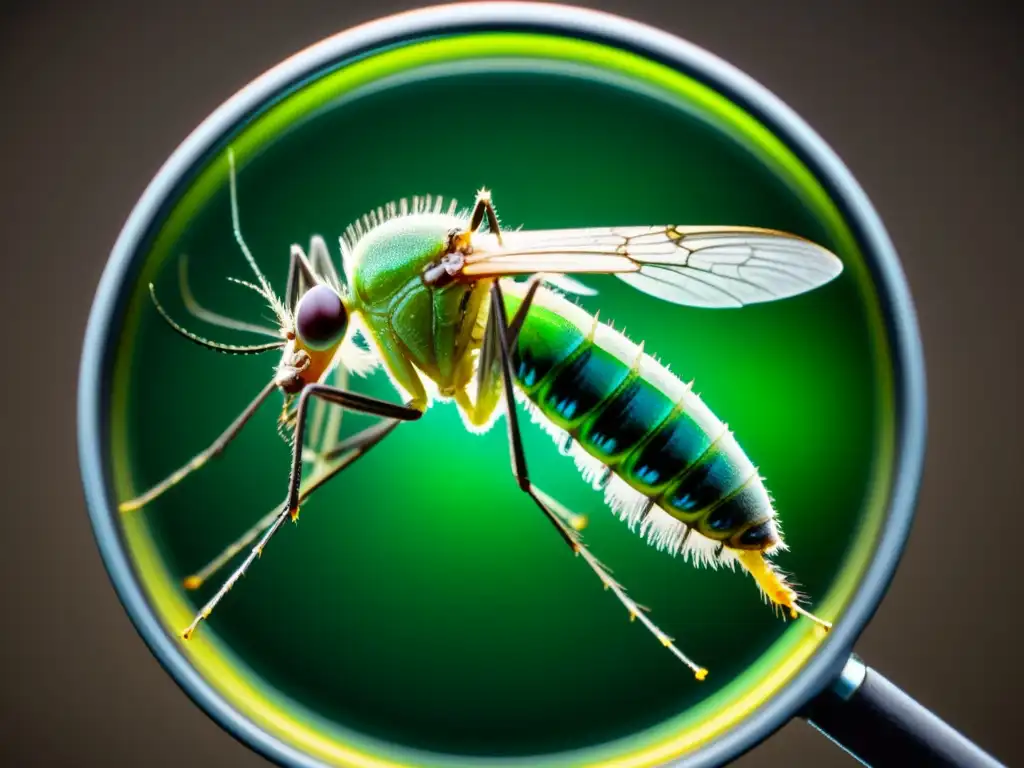 Detalle asombroso de un mosquito transgénico con ADN alterado y marcas bioluminiscentes, en un fondo oscuro