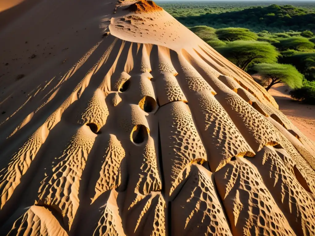 Detalle asombroso del nido de termitas africanas, con complejas texturas iluminadas por el sol y proporción con la vegetación circundante