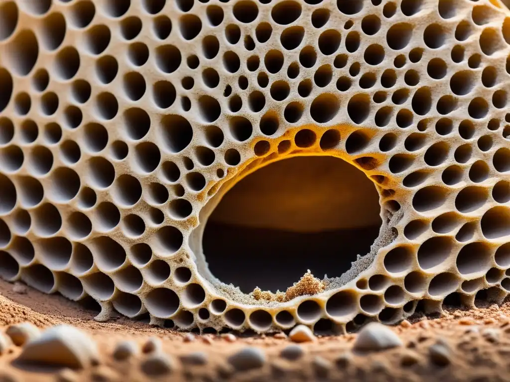 Detalle asombroso de nidos de termitas africanas, mostrando su compleja estructura y belleza natural en la luz del sol