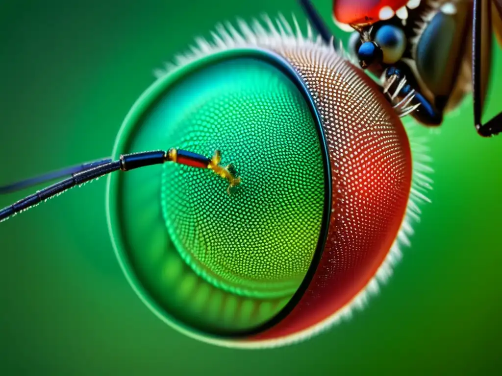 Detalle asombroso del ojo compuesto de un mosquito, con patrón hexagonal y reflejos iridiscentes