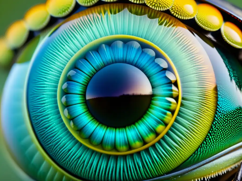 Detalle asombroso de un ojo compuesto de insecto, mostrando su visión multifacética y la belleza iridiscente