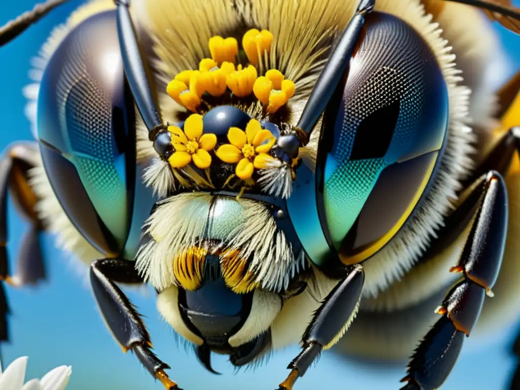 Detalle asombroso del ojo compuesto de una abeja, con patrón hexagonal y reflejos de flores y cielo