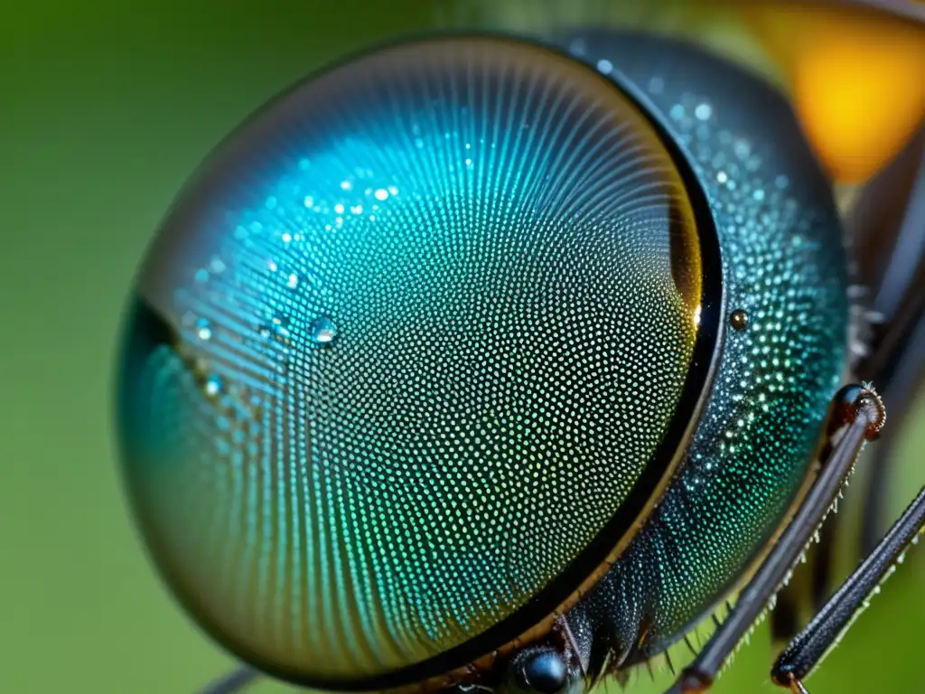 Detalle asombroso del ojo compuesto de un mosquito con patrón hexagonal y finos vellos