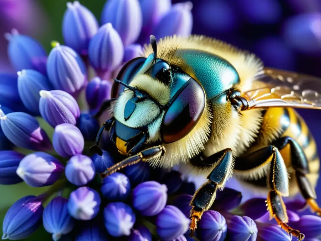 Detalle asombroso del ojo compuesto de una abeja, mostrando la fotorrecepción ultravioleta en insectos