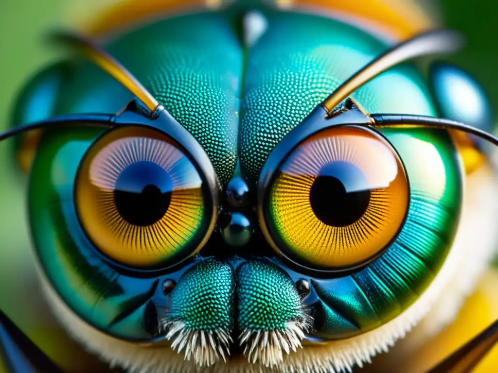 Detalle asombroso de los ojos compuestos de un insecto depredador, con adaptaciones anatómicas en insectos predadores visibles y un efecto iridiscente hipnotizante en las lentes