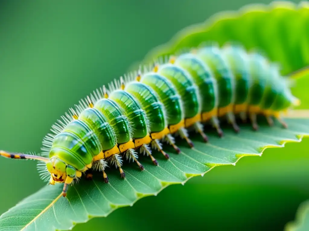 Detalle asombroso de una oruga verde vibrante en hoja exuberante