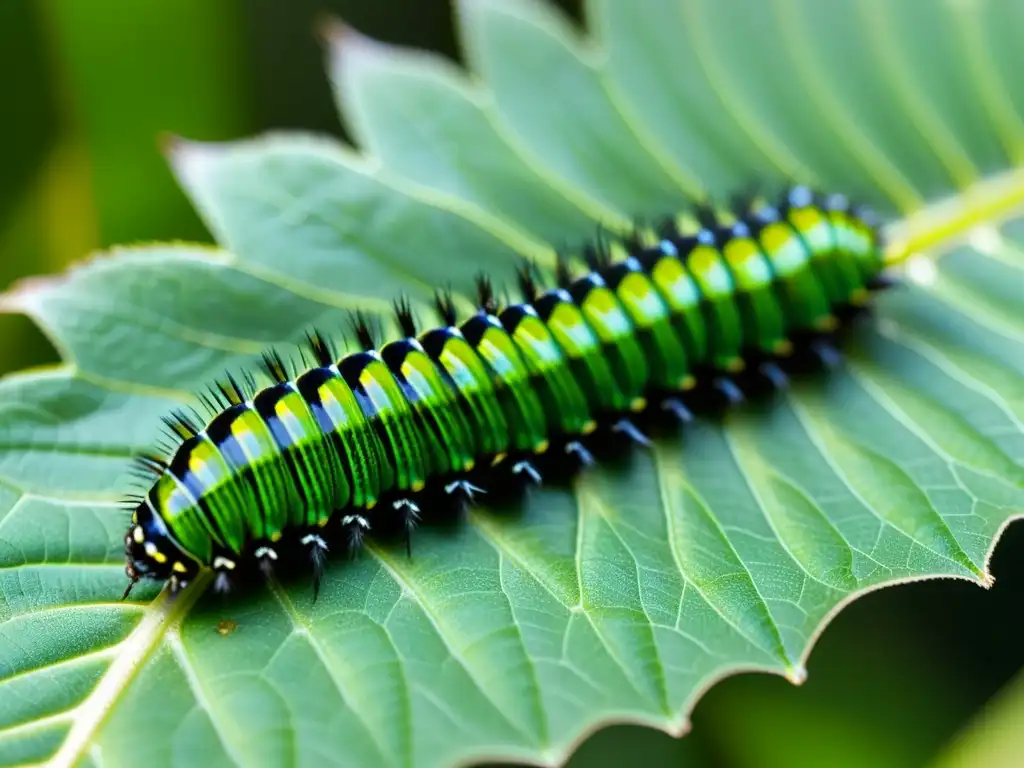 Detalle asombroso de una oruga verde y negra en una hoja, resaltando la importancia de los insectos en narrativas