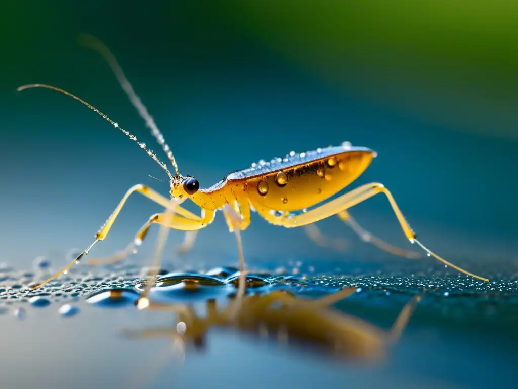 Detalle asombroso de las patas hidrofóbicas de un zapatero de agua, mostrando su adaptación para la regulación osmótica