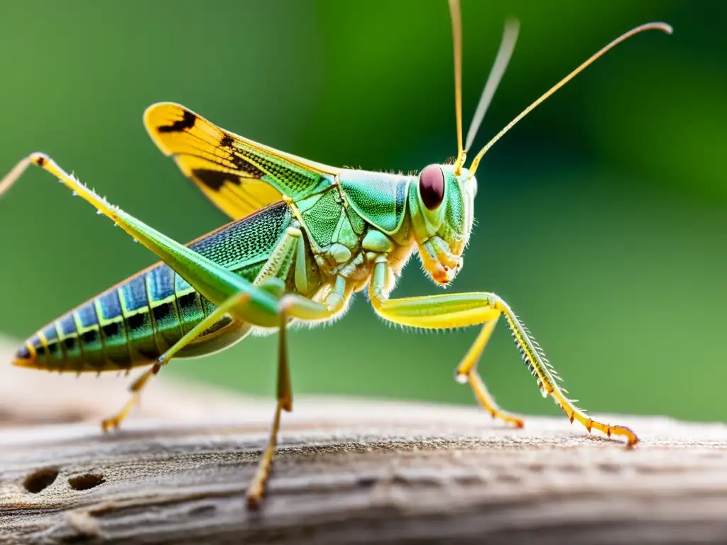 Detalle asombroso de patas traseras de saltamontes en plena huida como defensa, con músculos tensos y exoesqueleto texturizado