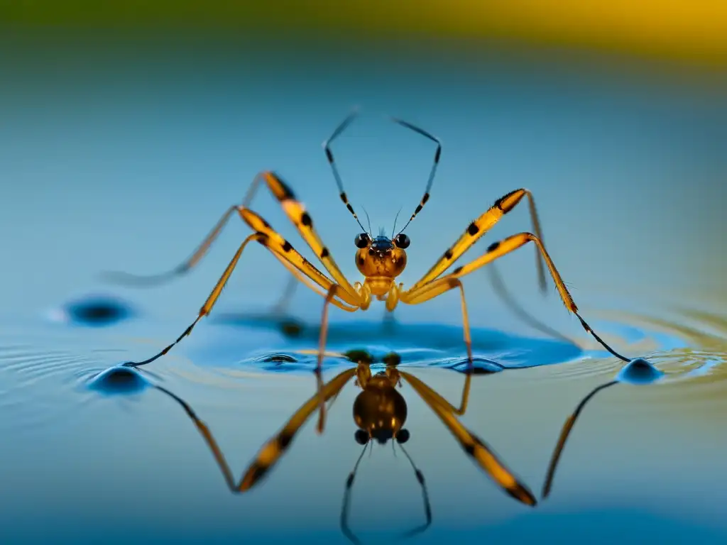 Detalle asombroso de las patas de un zapatero de agua sobre la tensión superficial de un estanque tranquilo