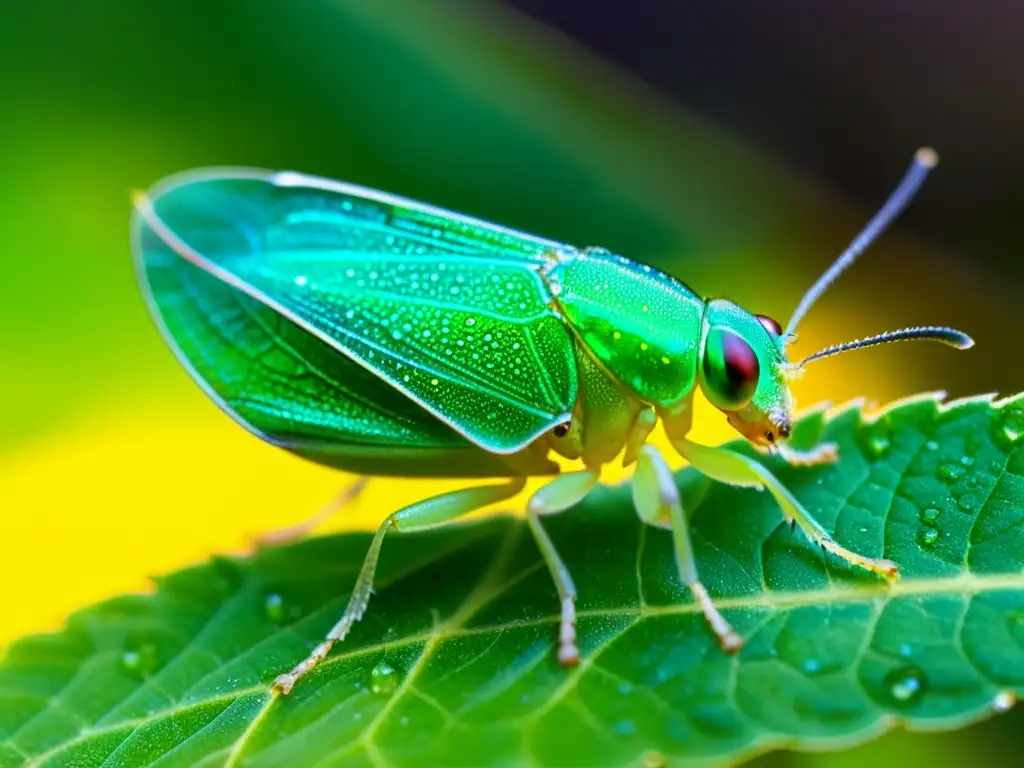 Detalle asombroso de un pequeño saltahojas verde con gotas de rocío, resaltando la importancia de la coloración en insectos