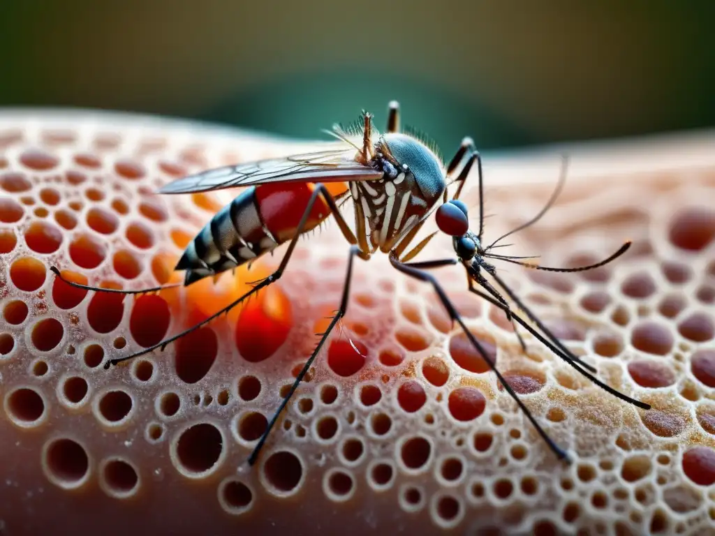 Detalle asombroso de la picadura de un mosquito en la piel humana, resaltando la importancia de las fiebres hemorrágicas