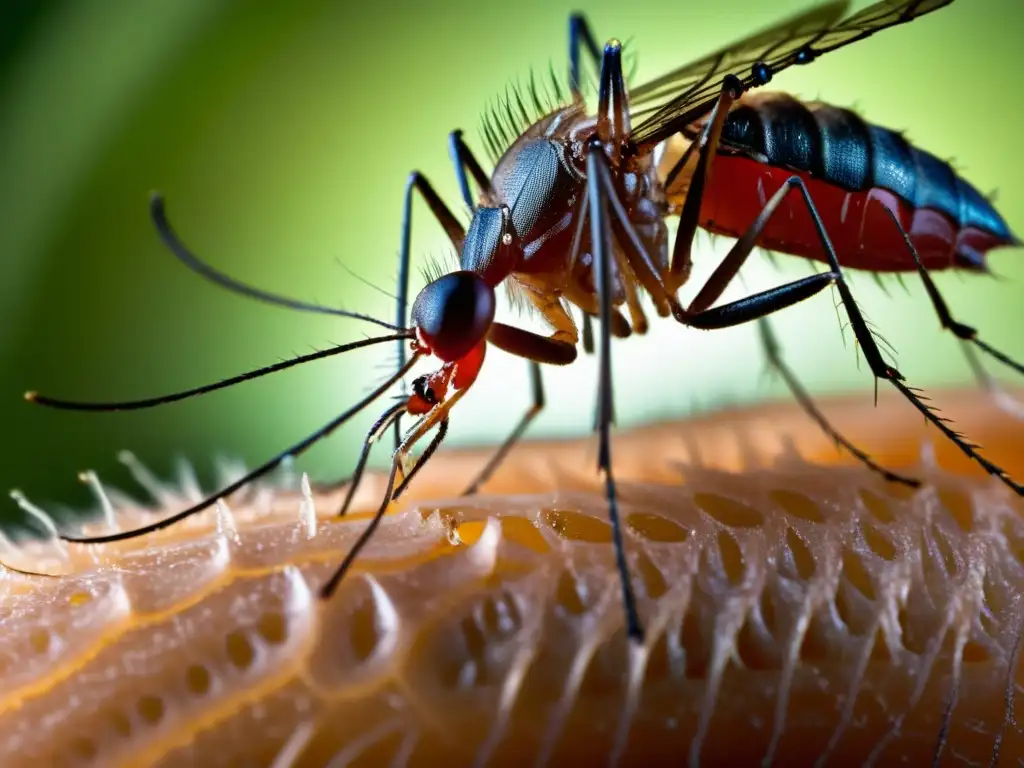 Detalle asombroso de mosquito picando piel humana, mostrando relación entre malaria y biología humana