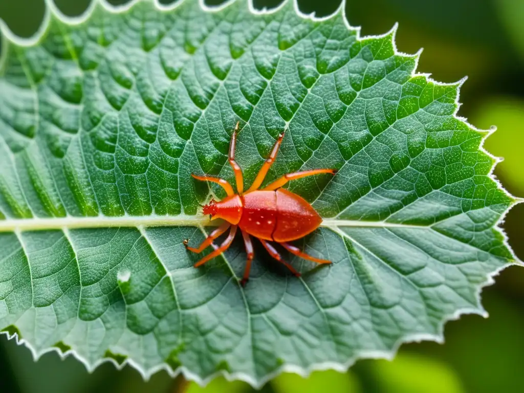 Detalle asombroso de plaga de ácaros rojos en hoja verde, mostrando la urgencia del manejo de la plaga de ácaros