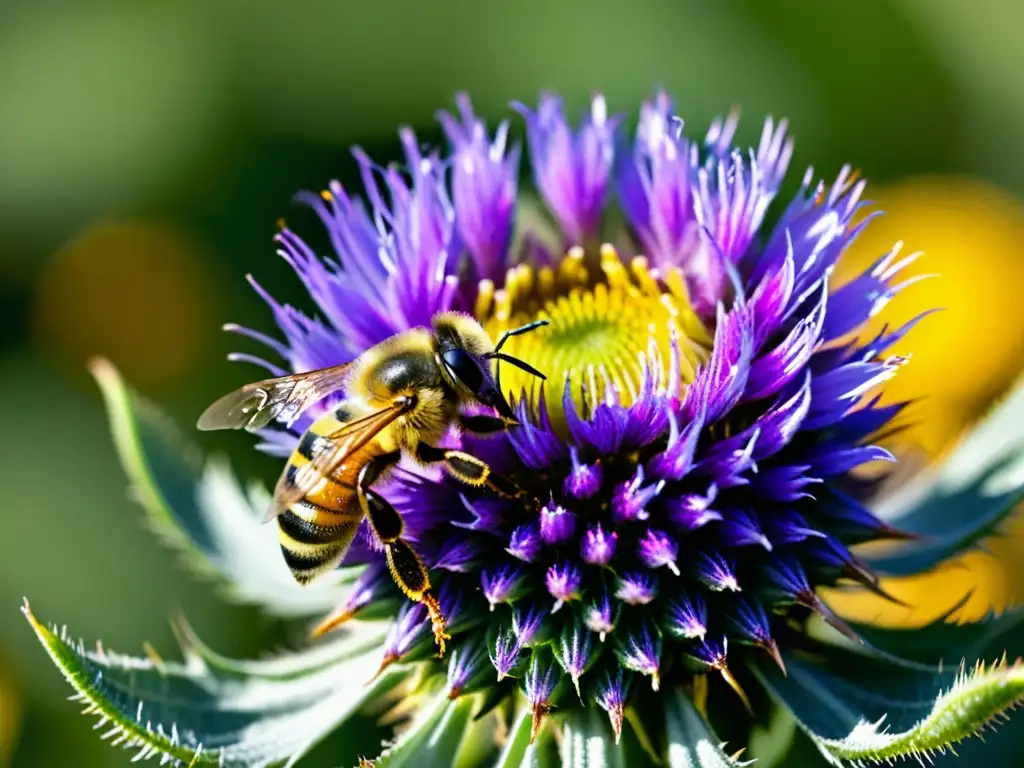 Detalle asombroso de la coevolución plantas insectos polinización con abeja cubierta de polen amarillo sobre flor cardo morado