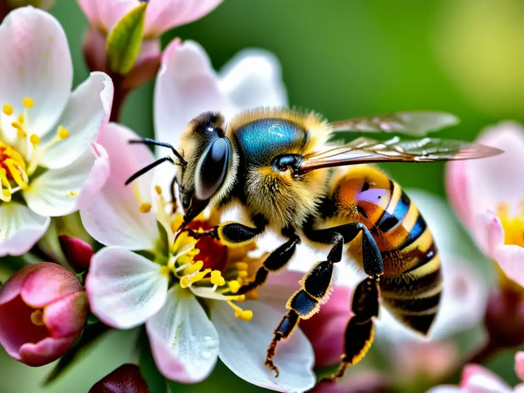 Detalle asombroso de coevolución entre plantas e insectos, con una abeja cubierta de polen amarillo sobre una flor de cerezo rosado