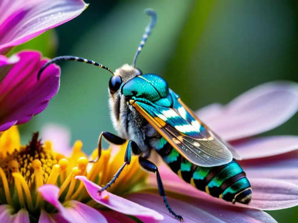 Detalle asombroso de una polilla esfinge desplegando su probóscide para beber néctar de una flor, con gotas brillantes y adaptaciones sensoriales en insectos destacadas en su ambiente natural