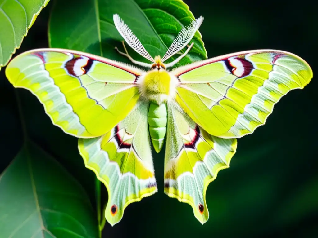 Detalle asombroso de una polilla Luna verde posada en una hoja, con sus alas translúcidas iluminadas por el sol