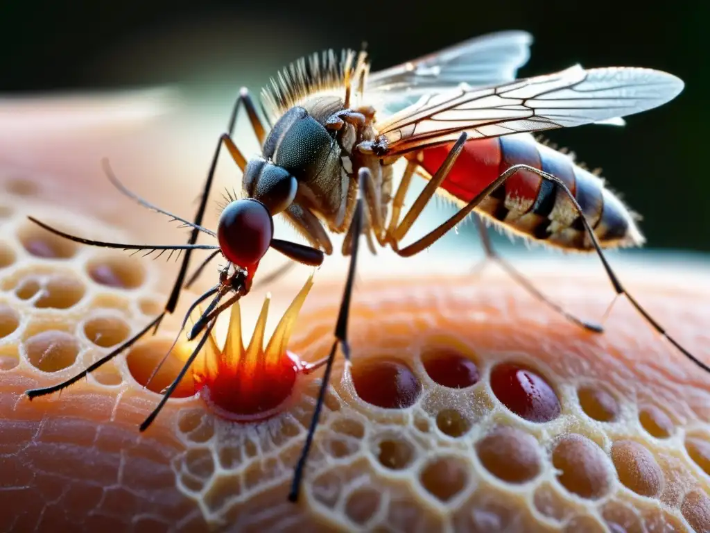 Detalle asombroso de la probóscide de un mosquito penetrando la piel humana, ilustrando la interacción entre el insecto vector y el huésped