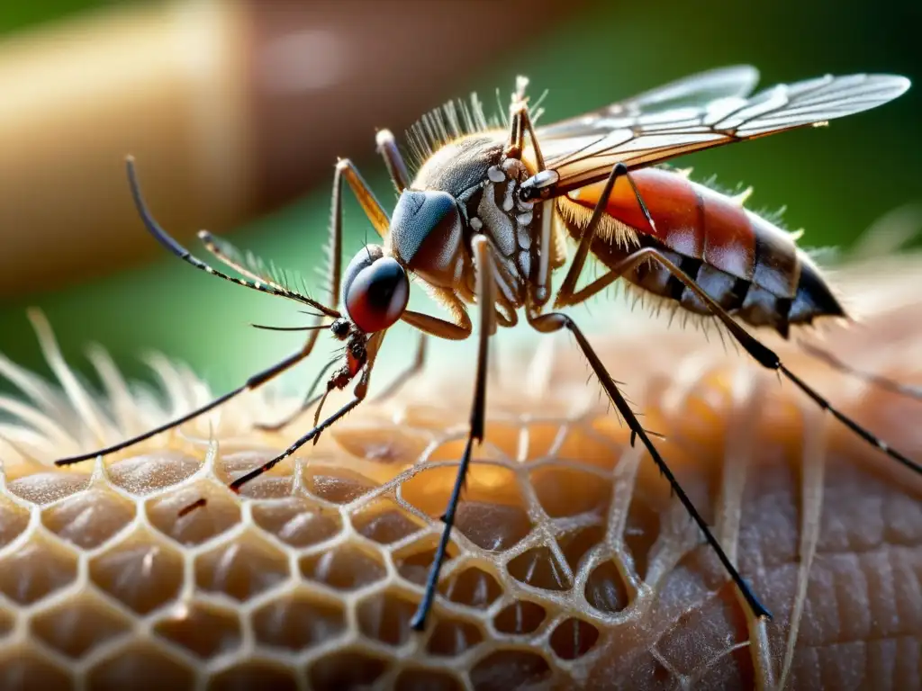 Detalle asombroso de la probóscide de un mosquito penetrando la piel humana, revelando la amenaza de enfermedades transmitidas por insectos vectores salud pública global