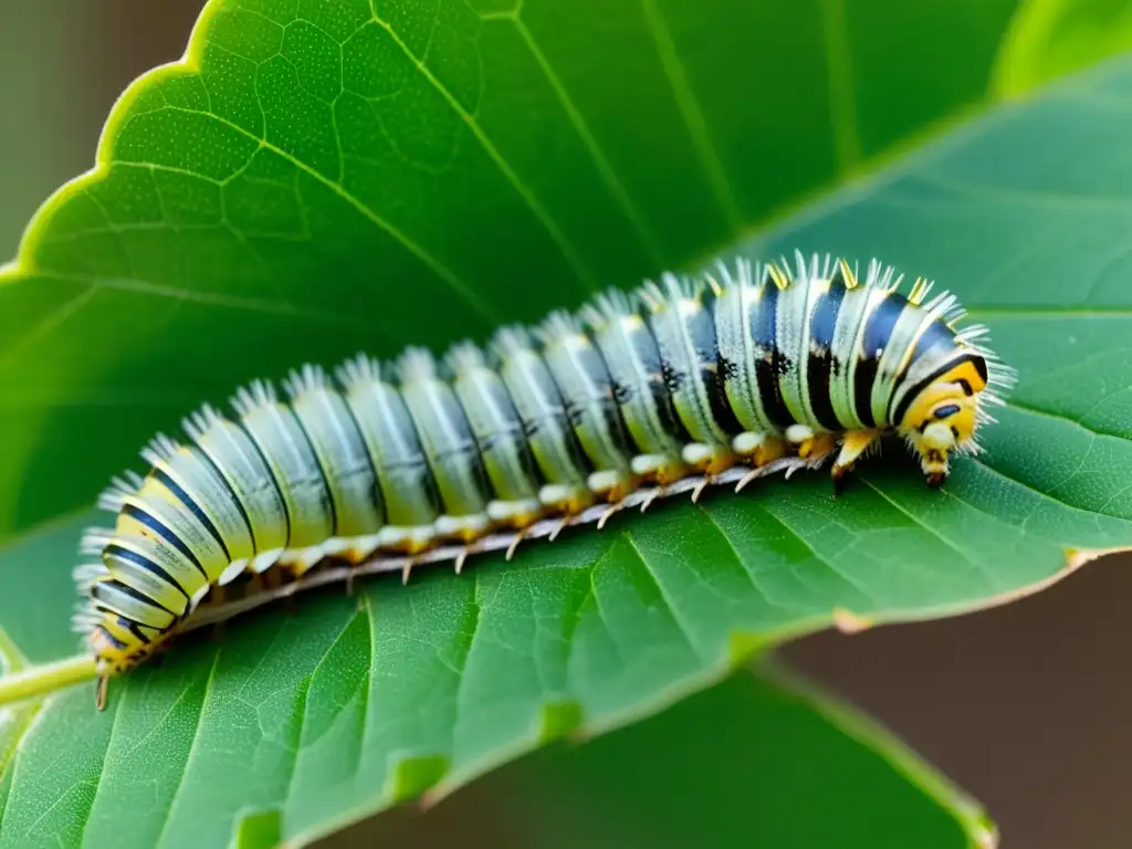 Detalle asombroso del proceso de digestión de alimentos en insectos: una oruga masticando una hoja con sus mandíbulas detalladas y la saliva resaltada