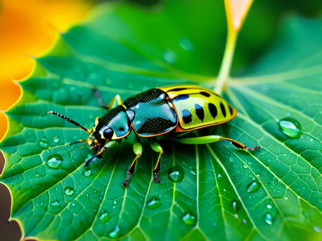 Detalle asombroso del proceso digestivo de insectos al morder una hoja con gotas de rocío