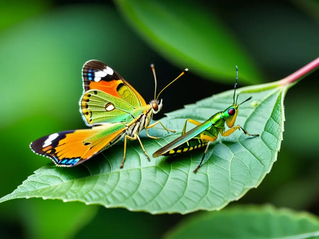 Detalle asombroso del proceso de reproducción en insectos con mariposa y saltamontes en pleno acto