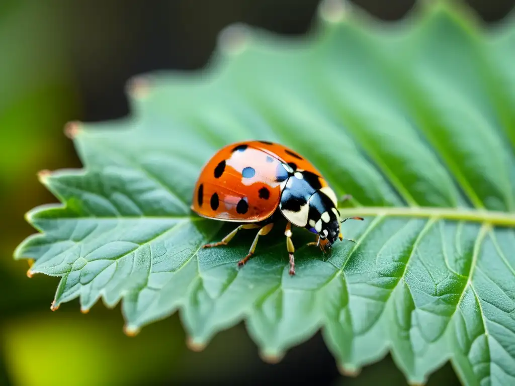 Detalle asombroso de mariquita y pulgones en hoja verde, resaltando el control biológico insectos agricultura