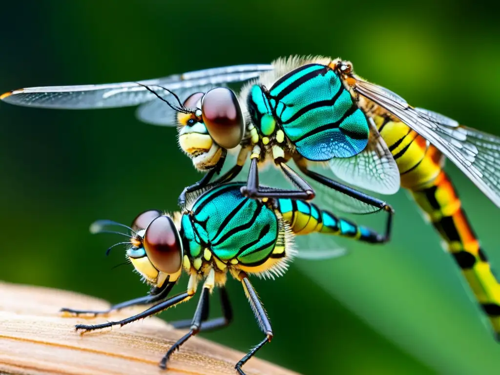 Detalle asombroso de la reproducción de insectos: apareamiento de libélulas capturado en macro, mostrando adaptaciones en la reproducción de insectos