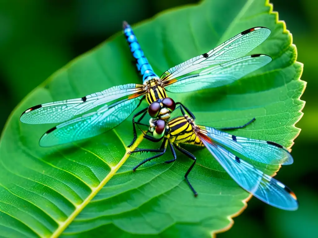 Detalle asombroso de la reproducción de insectos: pareja de libélulas en apareamiento sobre una hoja verde