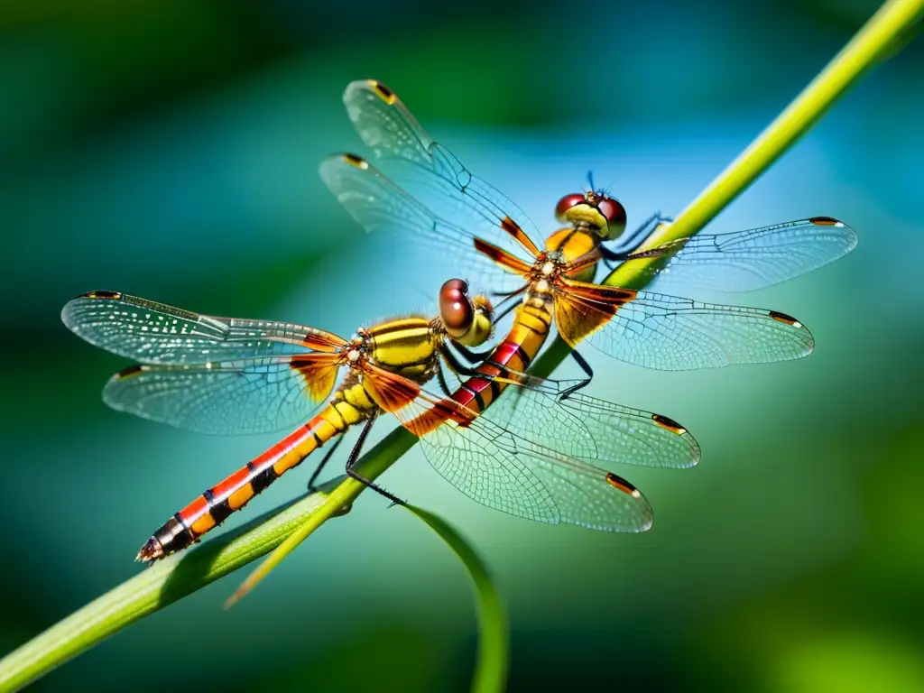 Detalle asombroso de la reproducción de insectos: dos libélulas en un baile de apareamiento, con cuerpos vibrantes y alas transparentes