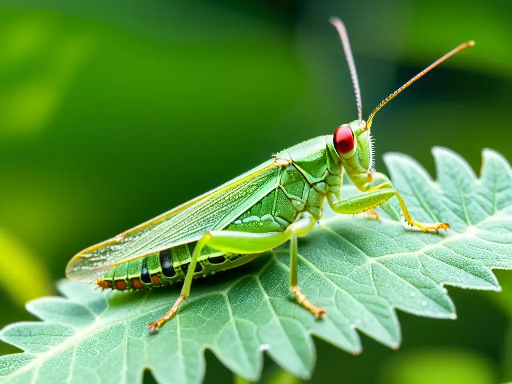 Detalle asombroso de un saltamontes en una hoja, con sus alas y antenas