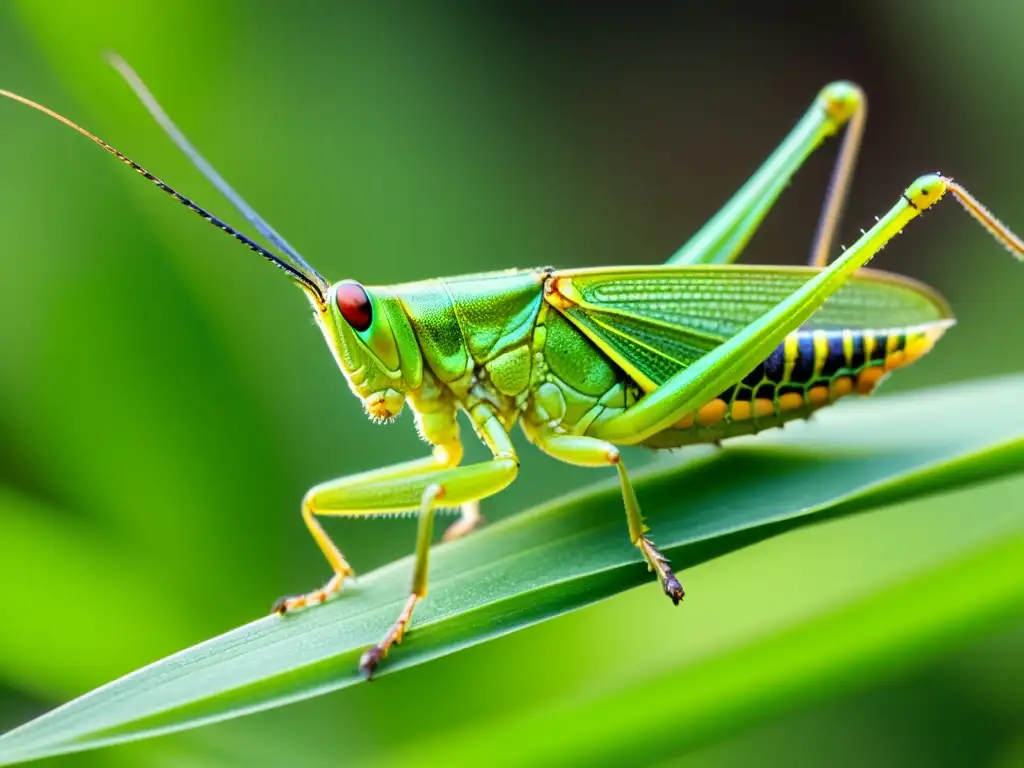 Detalle asombroso de un saltamontes en una hoja, destacando su exoesqueleto iridiscente