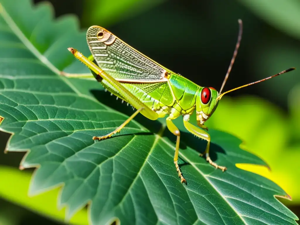 Detalle asombroso: un saltamontes en una hoja verde, destaca sus patrones y adaptación genética en ambientes cambiantes