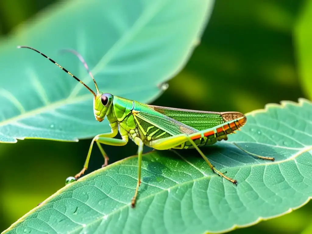 Detalle asombroso de un saltamontes verde sobre una hoja, con sus alas desplegadas