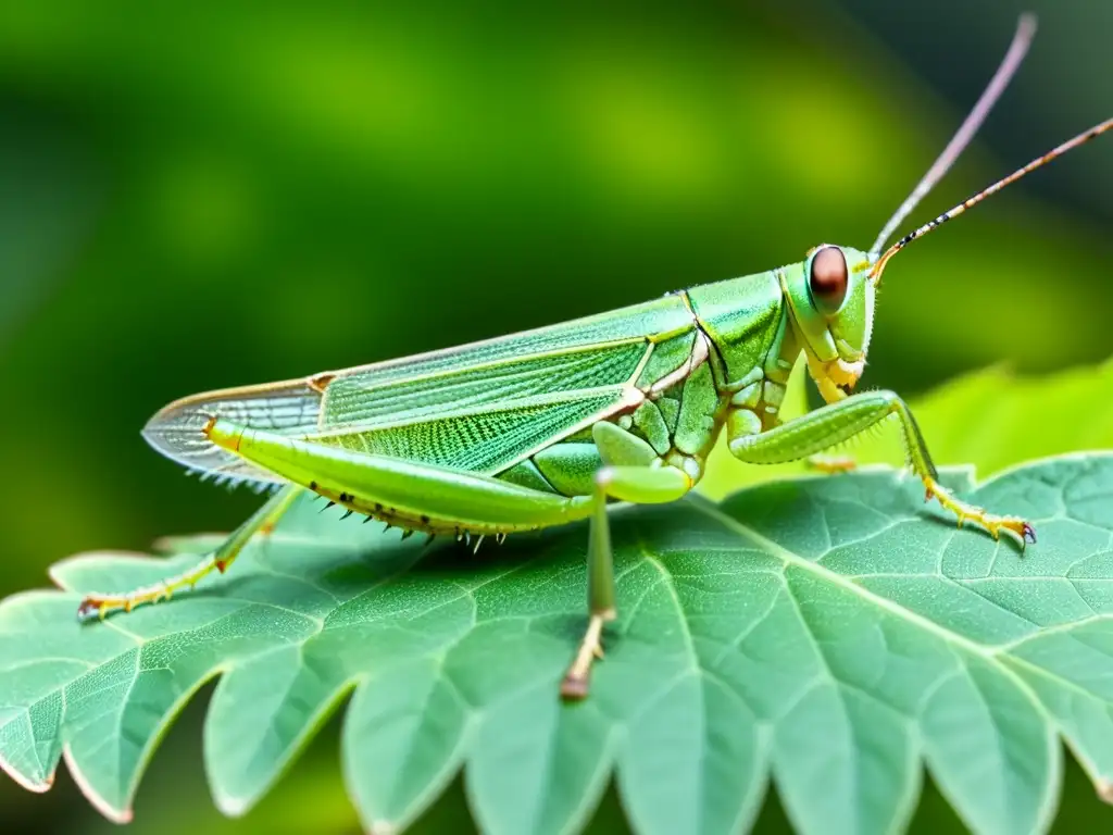 Detalle asombroso de un saltamontes verde en una hoja, revelando la belleza y complejidad de los insectos