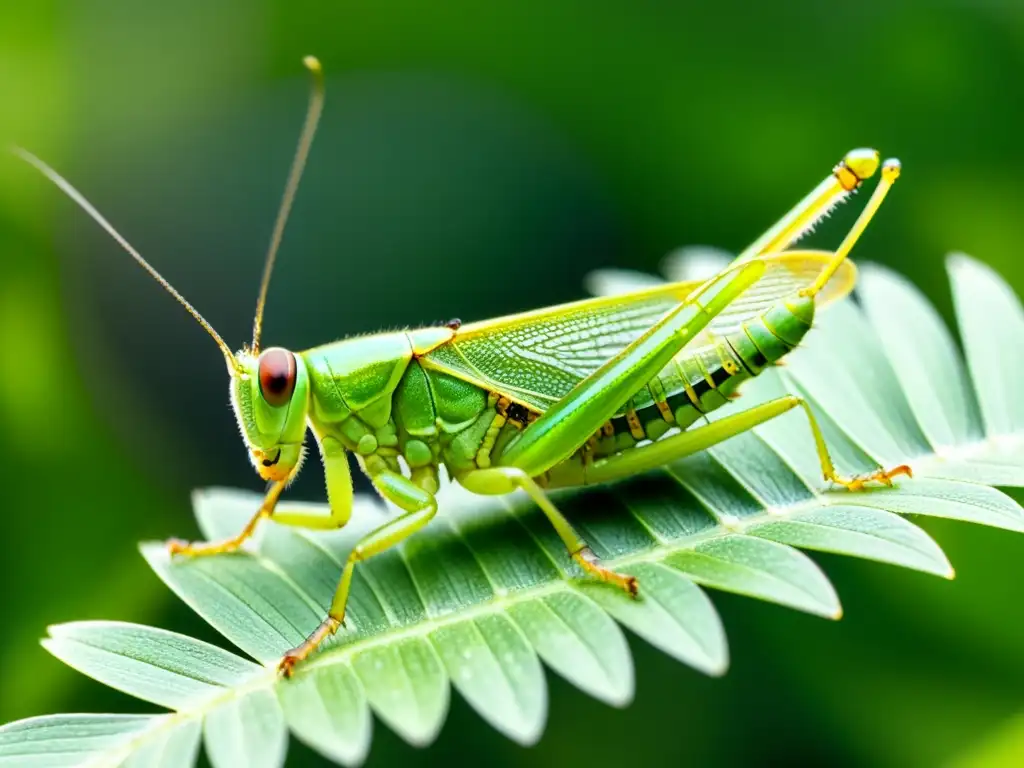 Detalle asombroso de un saltamontes verde en una hoja, destacando sus funciones de identificación de insectos