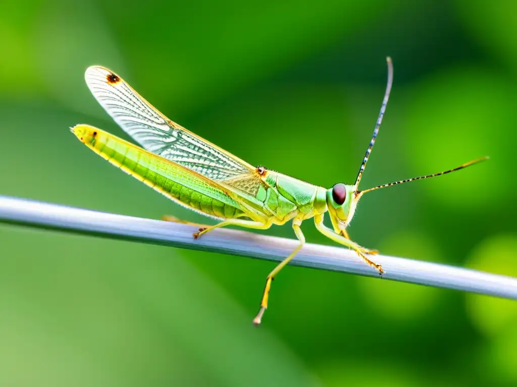 Detalle asombroso de un saltamontes verde vibrante en una hoja de hierba, identificación de insectos por sonido