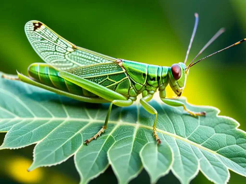 Detalle asombroso de un saltamontes verde sobre una hoja, resaltando la importancia ecológica de incluir insectos en el ecosistema