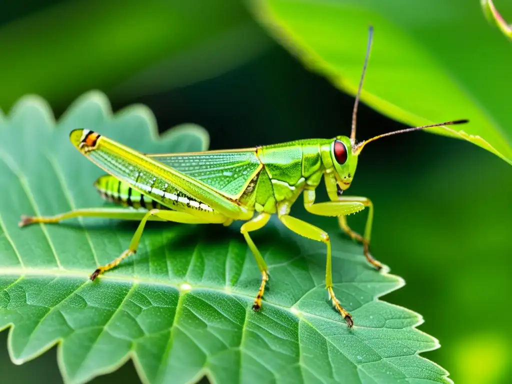 Detalle asombroso de un saltamontes verde en una hoja