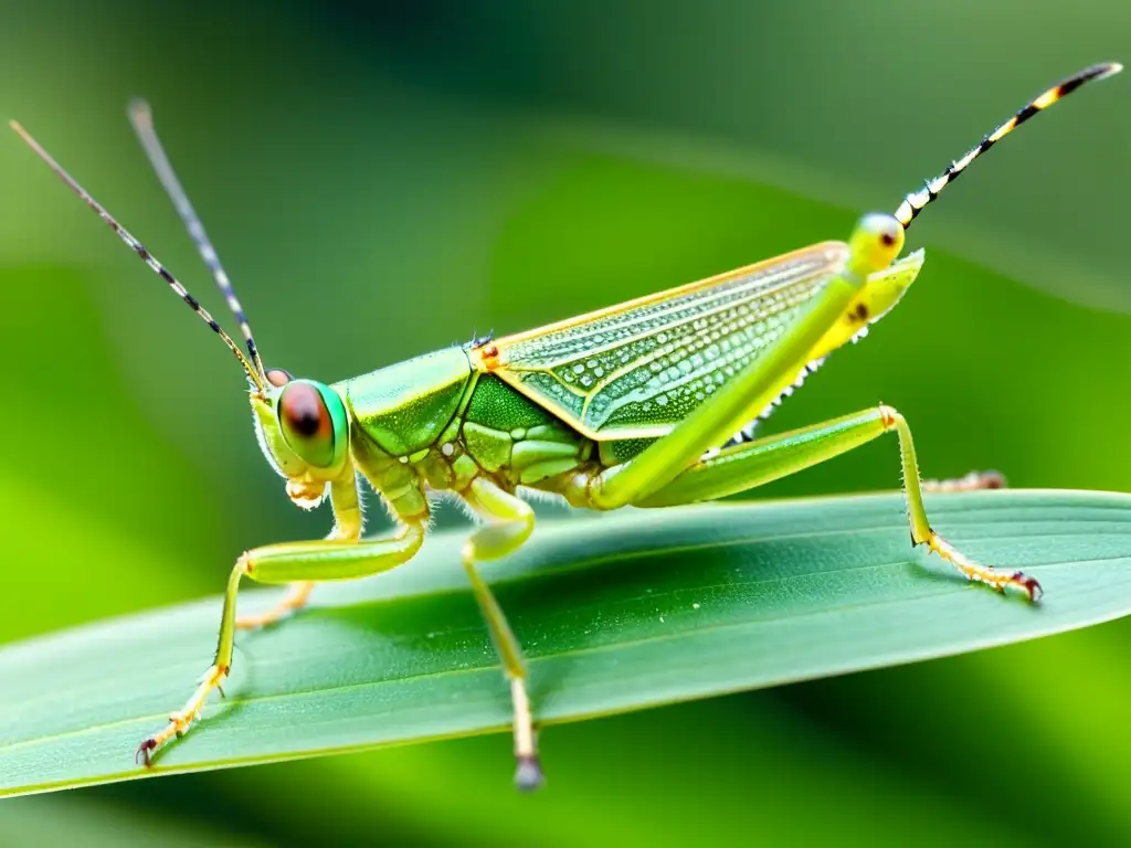 Detalle asombroso de un saltamontes verde sobre una hoja, con gotas de rocío