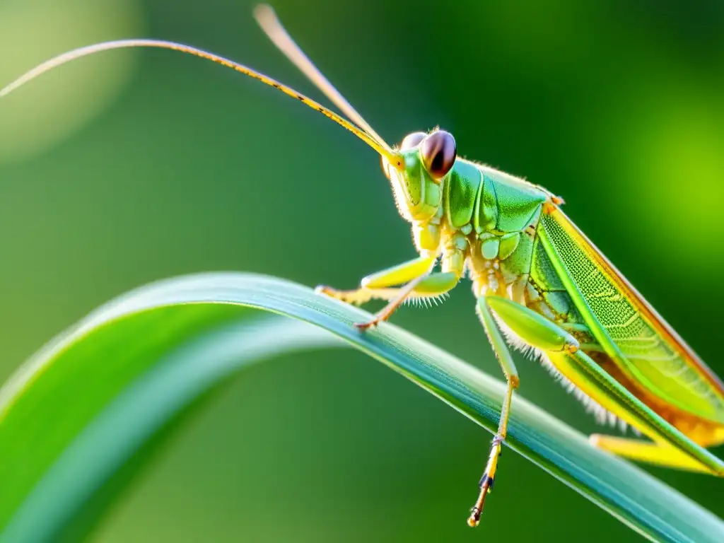 Detalle asombroso de un saltamontes verde en una brizna de hierba