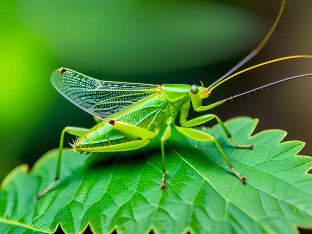 Detalle asombroso de un saltamontes verde sobre una hoja, revelando su belleza y complejidad