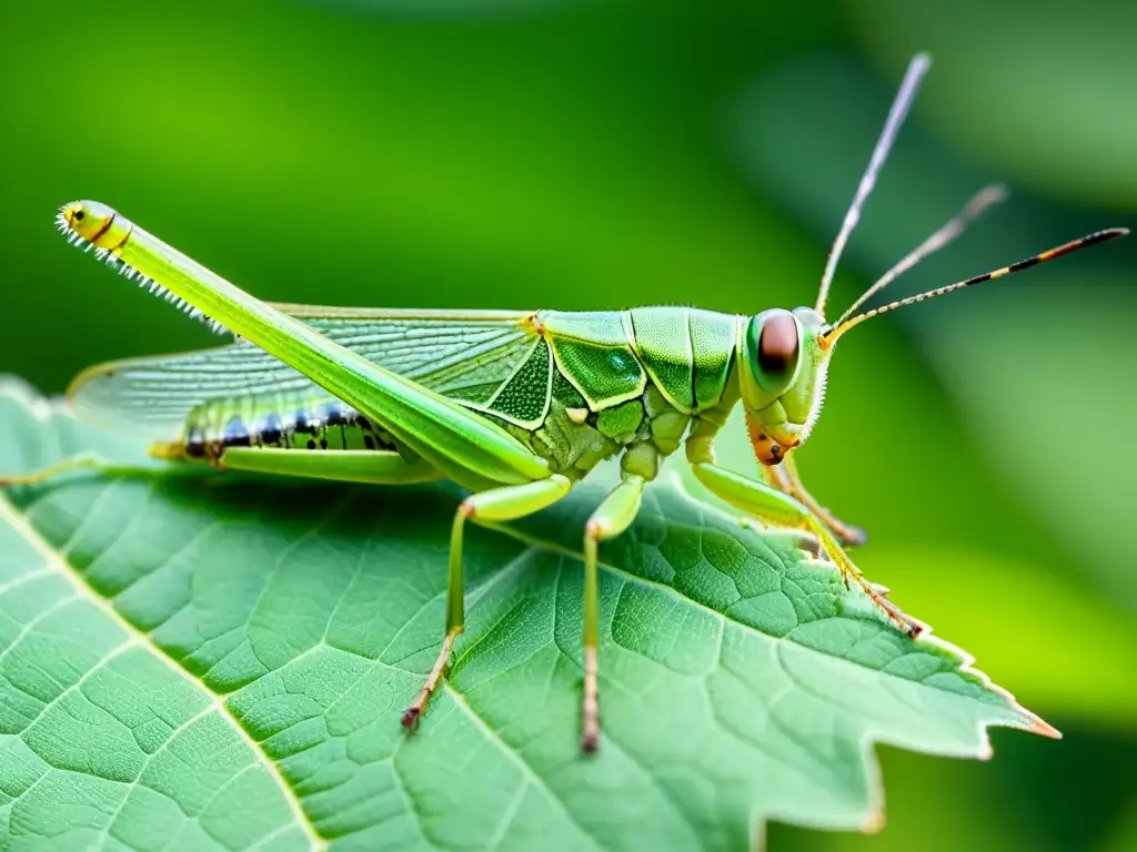 Detalle asombroso de saltamontes verde sobre hoja, mostrando su belleza única