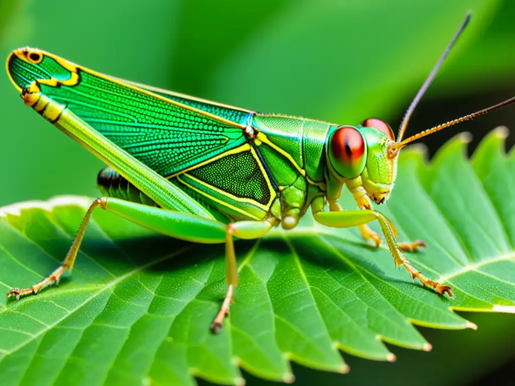 Detalle asombroso de un saltamontes verde sobre una hoja, destacando su exoesqueleto iridiscente