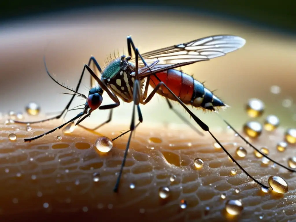 Detalle asombroso del mosquito alimentándose de sangre humana, resaltando la transmisión de enfermedades por insectos