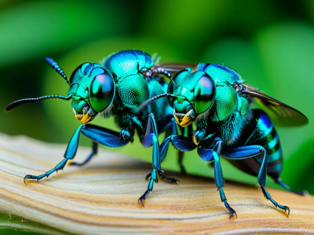 Detalle asombroso de la dinámica evolución sexual de insectos: pareja de abejas orquídeas iridiscentes en ritual de apareamiento bajo la luz del bosque tropical