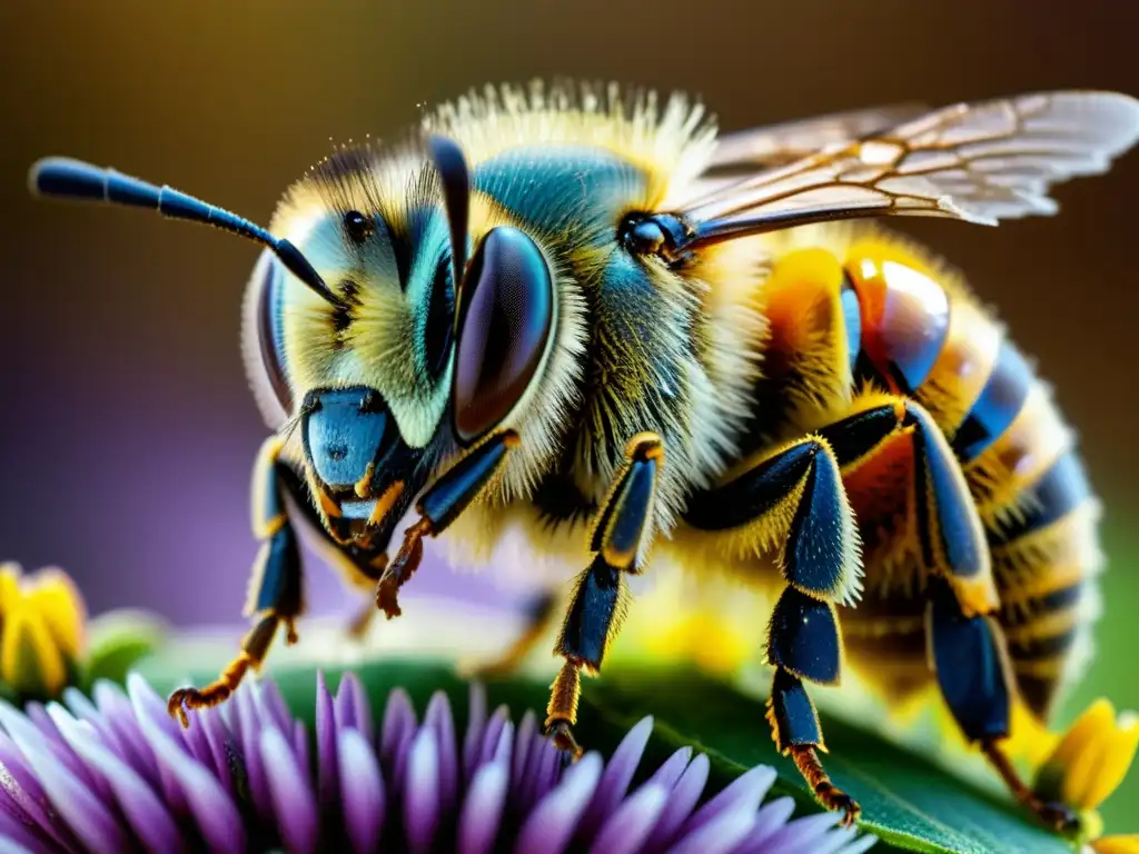 Detalle asombroso del sistema inmunológico de insectos: abeja cubierta de polen, alas detenidas en vuelo, colores vibrantes en contraste