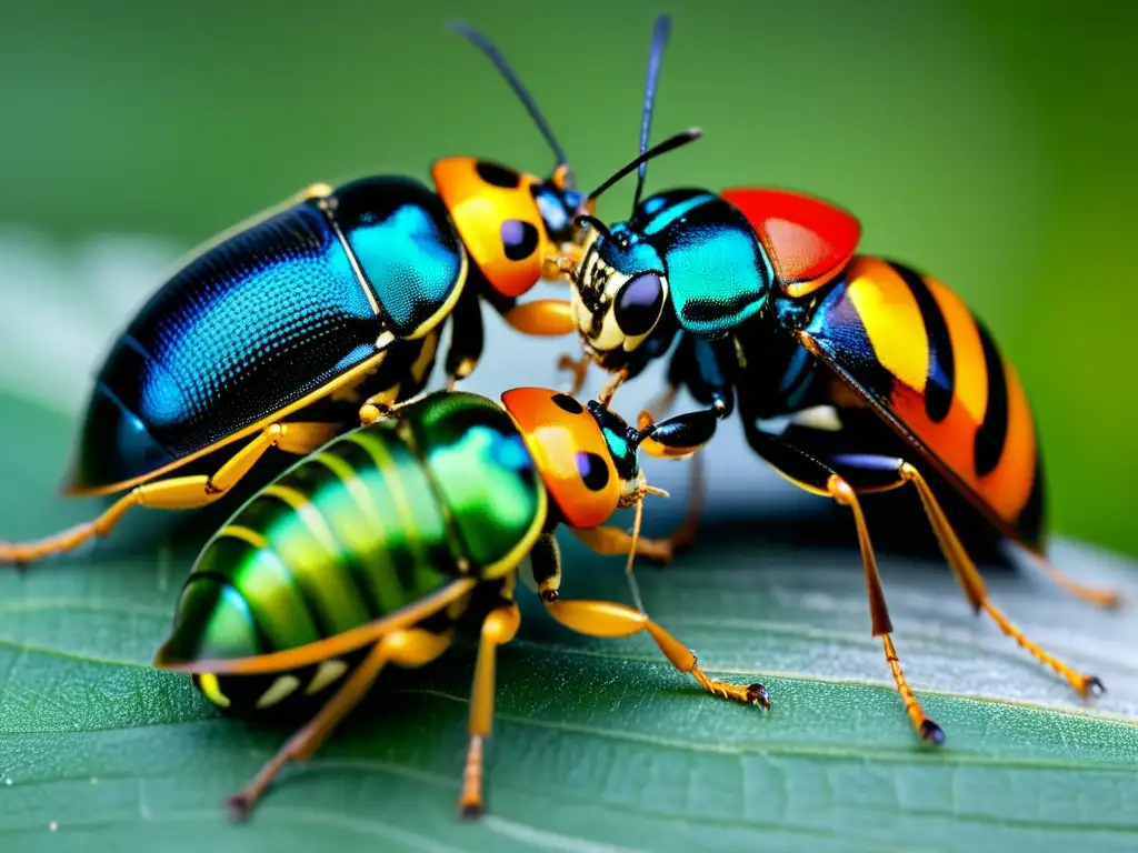 Detalle asombroso de tácticas sexuales extrañas de insectos: cortejo elaborado y rituales peculiares en vibrantes colores y patrones intrincados