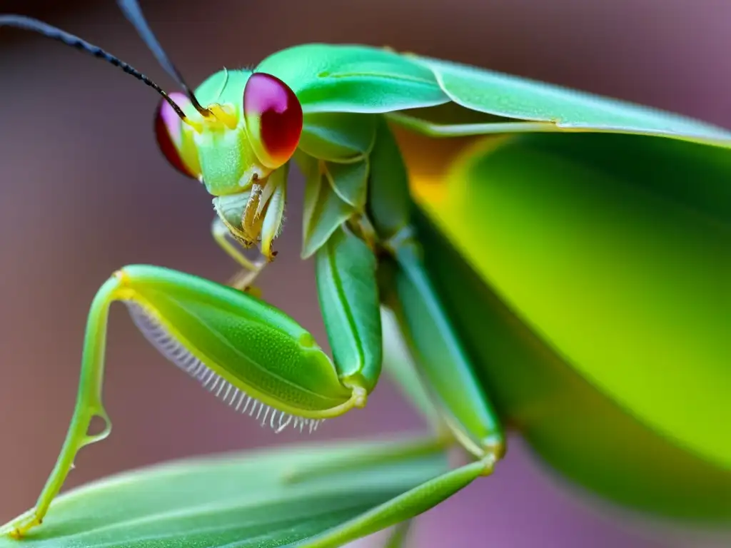 Detalle asombroso de la mantis orquídea verde camuflada en una flor, destacando su adaptación evolutiva